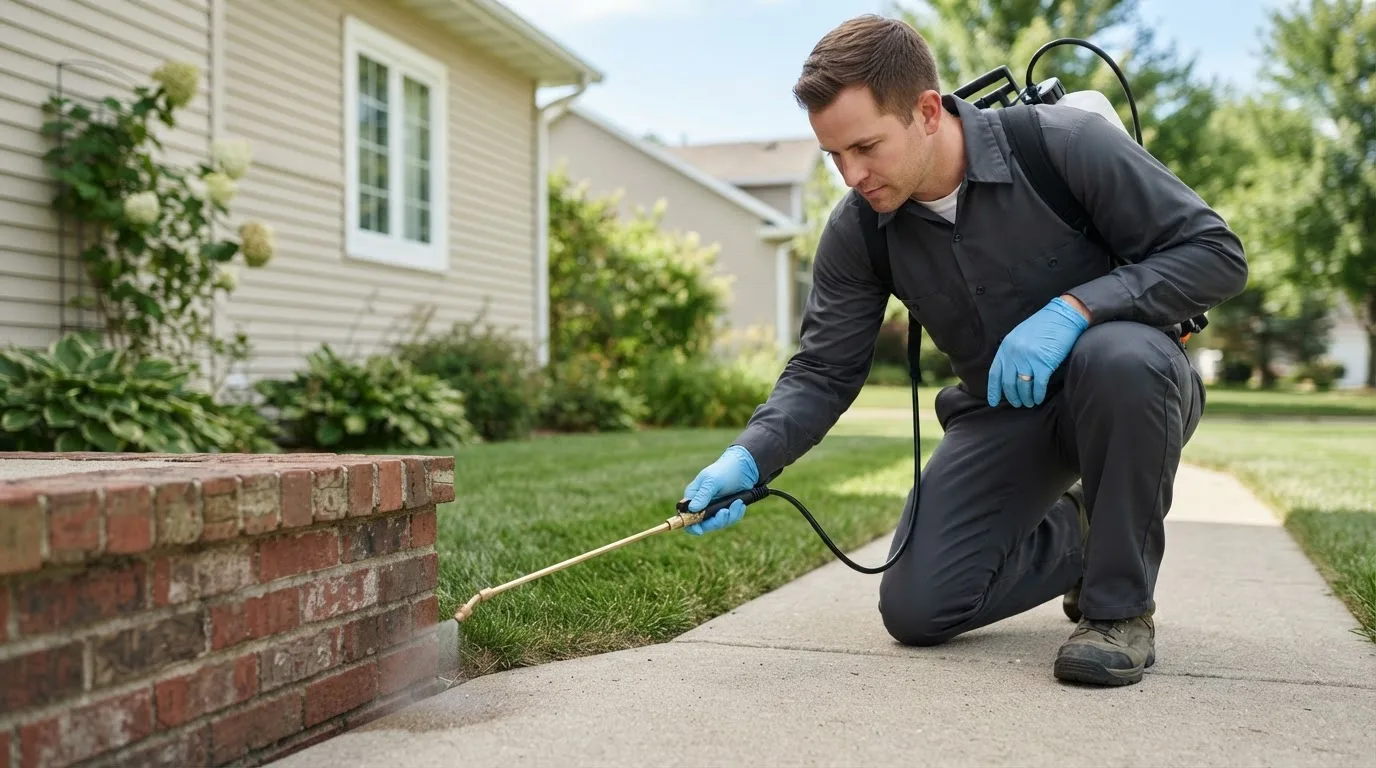 Pest control technician treating a home near Cokeburg, PA