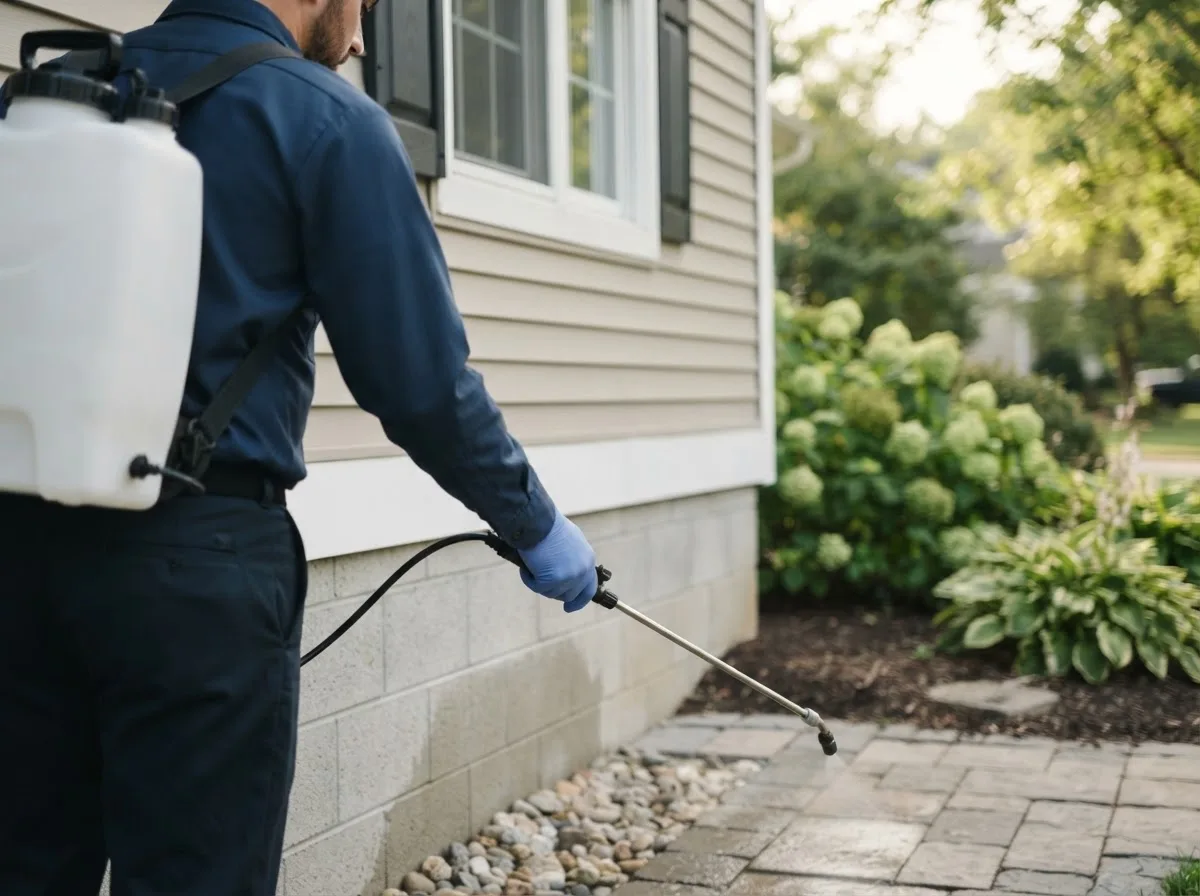 Pest control technician inspecting a home in Cokeburg, PA